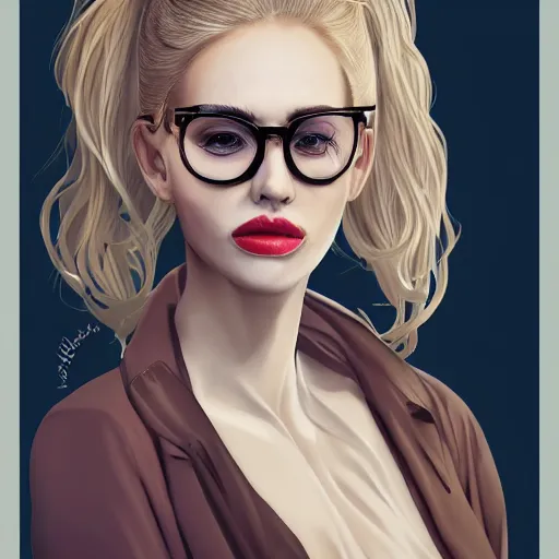 Image similar to middle aged beautiful french woman with blonde hair tied in a strict bun, spectacles, lots of makeup, arrogant, rich, expensive voluminous dress, digital art, high quality, 8 k, detailed, d & d character,