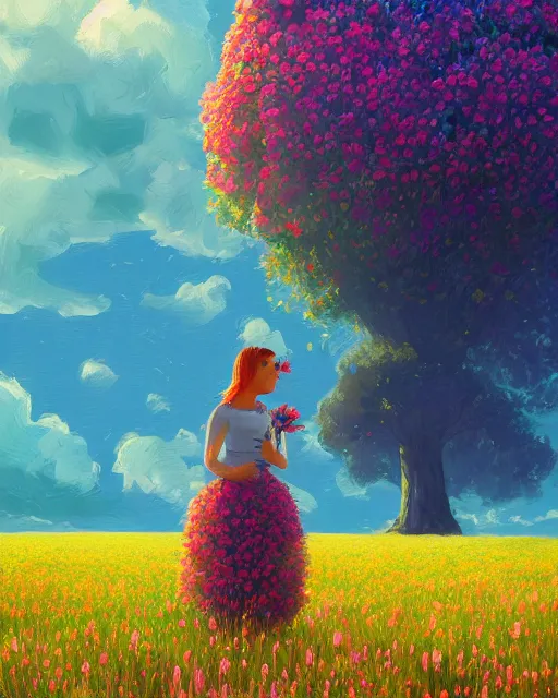 Image similar to girl with giant flower as a face and flower dress, standing in a flower field hills, big trees, sunrise dramatic light, impressionist painting, colorful clouds, digital painting, pointillism, artstation, simon stalenhag