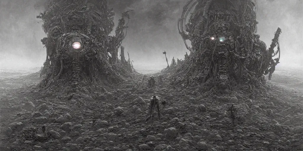 Image similar to robot ai apocalyptic future, futuristic, art by gustave dore, charles mottram, zdizslaw beksinski, victor mikhailovich vasnetsov, 8 k hd, highly detailed, death