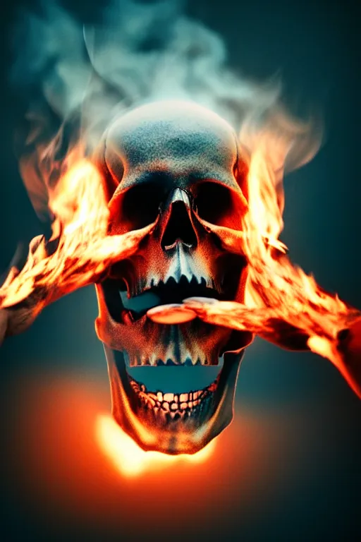 Image similar to photograph of a skull burning while being held up by a skeletal hand photorealistic, hyperdetailed, volumetric light, cinematic, f 8 aperture