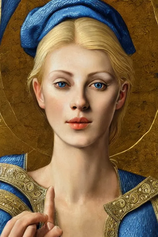 Prompt: hyper - realistic close - up mythological portrait of a medieval blonde with a huge amount of color in the сaravaggisti style, pale skin, in a silver silk robe, blue palette