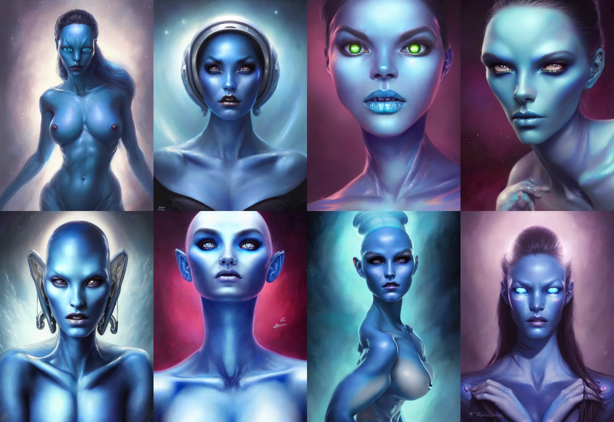 Prompt: a beautiful alien woman with blue skin, painted by artgerm and tom bagshaw, fantasy art, dramatic lighting, highly detailed oil painting