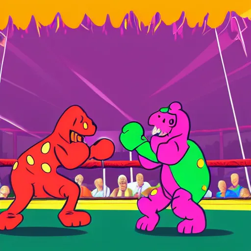 Image similar to boxing match between Barney the Dinosaur and Mr Blobby. 8k vector art