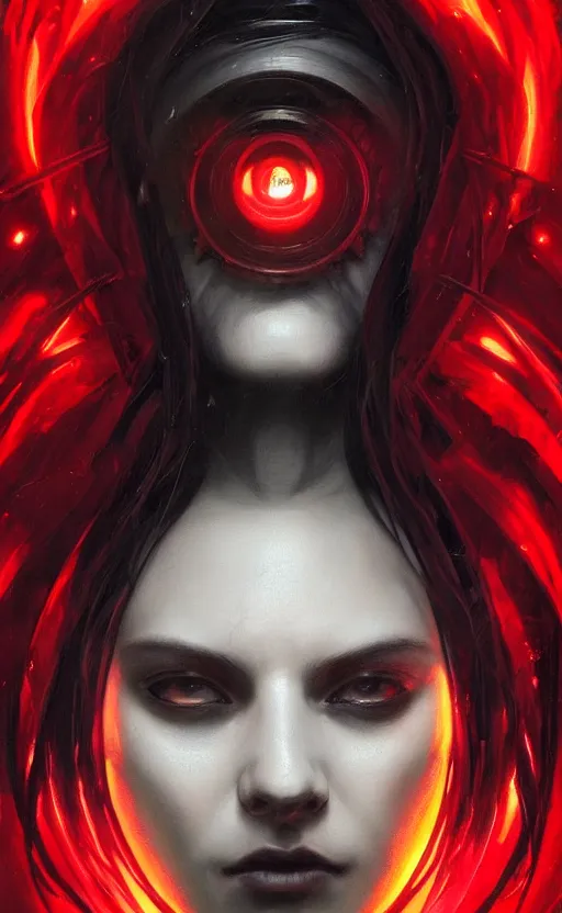 Image similar to Portrait of a dystopian dark witch, technology, dark filaments, red glowing eyes, menacing, intimidating, frightening, intricate, headshot, highly detailed, digital painting, artstation, concept art, sharp focus, cinematic lighting, illustration, art by artgerm and greg rutkowski, alphonse mucha, cgsociety