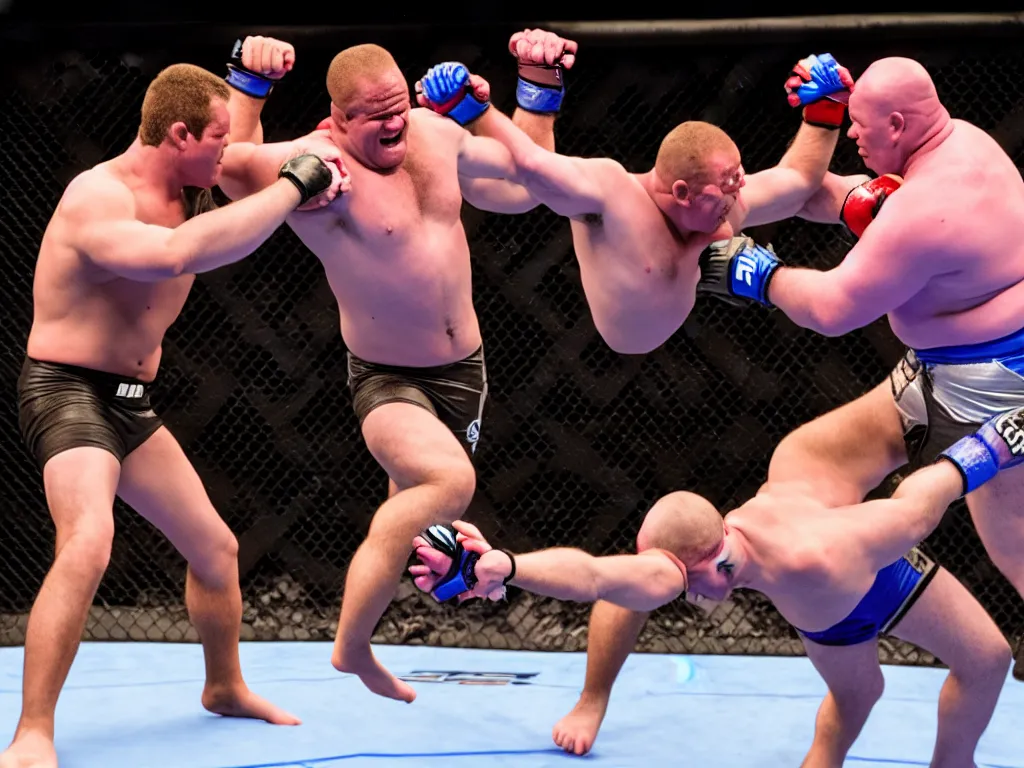 Prompt: Shrek and Barney fighting in an MMA match, sports photography