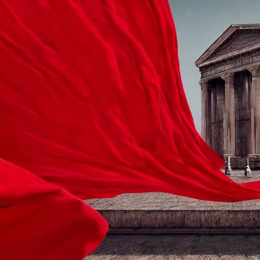 Prompt: a figure covered by red cloth that's blowing in the wind standing in a beautiful roman city, digital art, concept art, cloth simulation with houdini, octane, redshift, 8 k