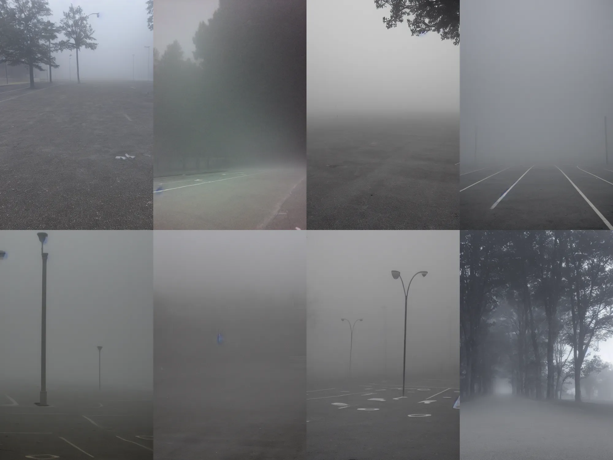 Prompt: empty liminal foggy parking lot, too many eyes, eyeballs, floating eyestem