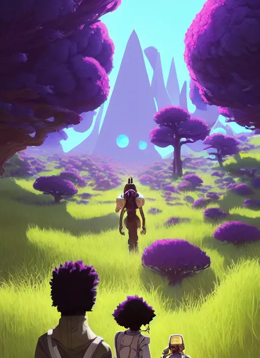 Prompt: afro - futurist settlers hiding from a large alien carnivore, alien landscape with tall thin trees and deep blue foliage, lavender grass | hyperrealistic digital painting by makoto shinkai, ilya kuvshinov, lois van baarle, rossdraws | afrofuturism in the style of hearthstone and overwatch, trending on artstation