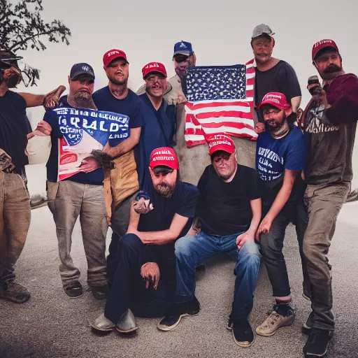 Prompt: a group photo of drunk hobos helping donald trump make america great for the last time, studio photo portrait, perfect light, dramatic colors, 7 0 mm lens shot