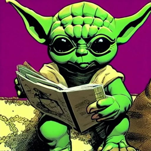 Image similar to baby yoda reading a Cyberfrog comicbook