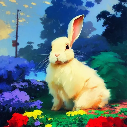 Prompt: a lop rabbit, standing up, in a colorful rain, by studio ghibli painting, by Joaquin Sorolla rhads Leyendecker, An aesthetically pleasing, dynamic, energetic, lively, well-designed digital art,by Susan Windsor, by Ohara Koson and Thomas Kinkade, traditional Japanese colors, superior quality, masterpiece