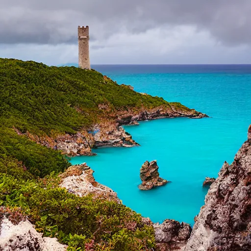 Prompt: landscape photo of the craggy coastline of southern bermuda with a tower rising from a bay thousands of feet above the ocean