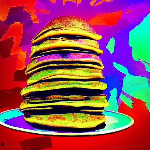 Prompt: a psychedelic stack of pancakes on a pedestal at an art museum, realistic photo, vaporwave style