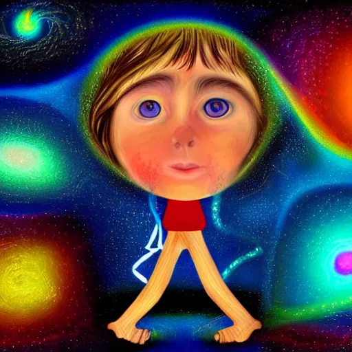 Prompt: a wide eyed child lost in an ai's dreamscape, digital art