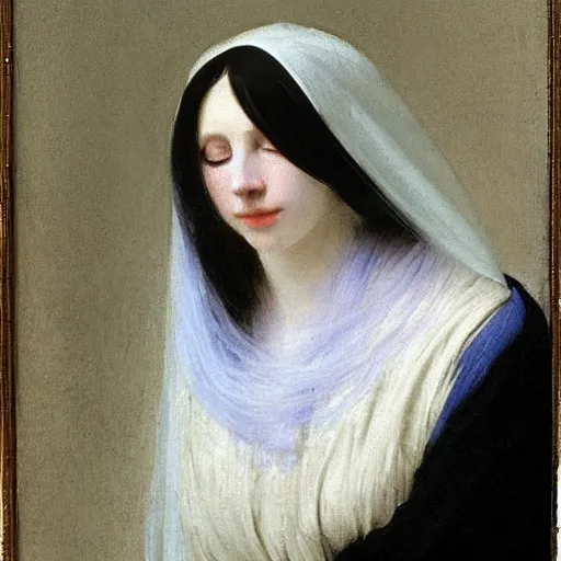 Prompt: a young woman’s face, her hair is white, her eyes are covered with a long flowing blue satin veil, by ivan aivazovsky and alma tadema and and willen claesz heda and aelbert cuyp and gerard ter borch