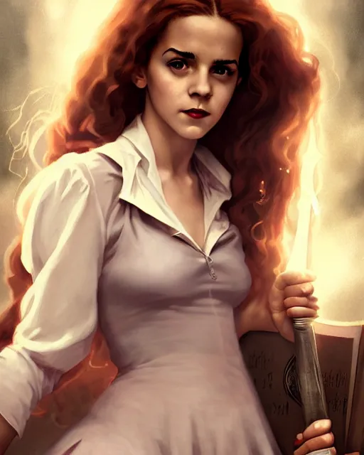 Prompt: beautiful pinup photo of hermione granger by emma watson in the crowded square of hogwarts, hermione by a - 1 pictures, by greg rutkowski, gil elvgren, glossy skin, pearlescent, anime, very coherent, flat, ecchi anime style, feminine, seductive