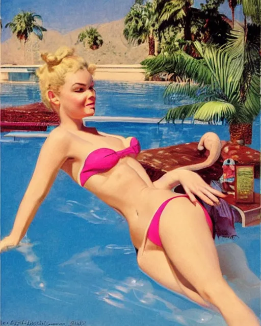 Image similar to tuesday weld in a pink bikini, tuesday weld half immersed in water in a palm springs midcentury swimming pool by gil elvgren, by mort kunstler, by earl norem