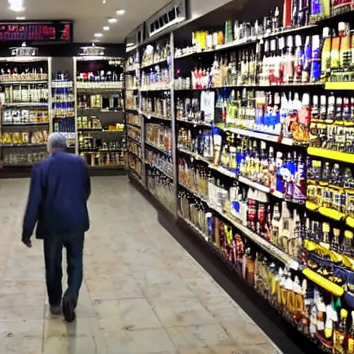 Image similar to old man walking in liquor store, security camera footage, cctv, high angle view,