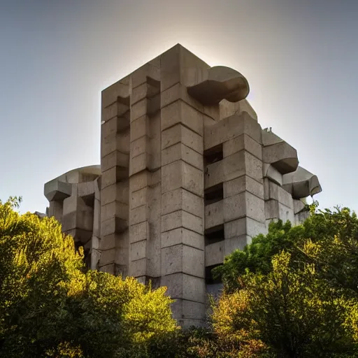 Prompt: a wide shot of a sci - fi beautiful brutalist monumental building, with many rounded elements sprouting from the base tower creating a feel of an organic structure, photography shot at golden hour