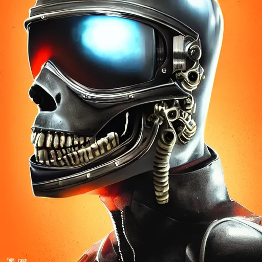 Image similar to a portrait of an cyborg skull fighter pilot wearing a helmet, vampire teeth, in an orange racing helmet by sandra chevrier, detailed render, epic composition, cybernetics, 4 k realistic, cryengine, realistic shaded lighting, sharp focus, masterpiece, by matteo scalera, gary montalbano, peter elson in the style of the tokyo ghost comic