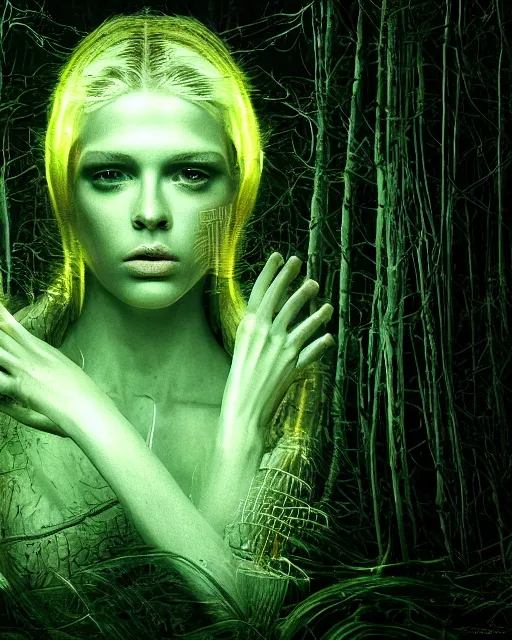 Prompt: luminescent long exposure light painting by h. r. giger of a beauteous practical sumptuous full frame photo realistic face, lifelike incredible hair, crystalline masterpiece incrustations, hyperdetailed face, elegant pose, movie still, intricate, octane render, cinematic forest lighting,