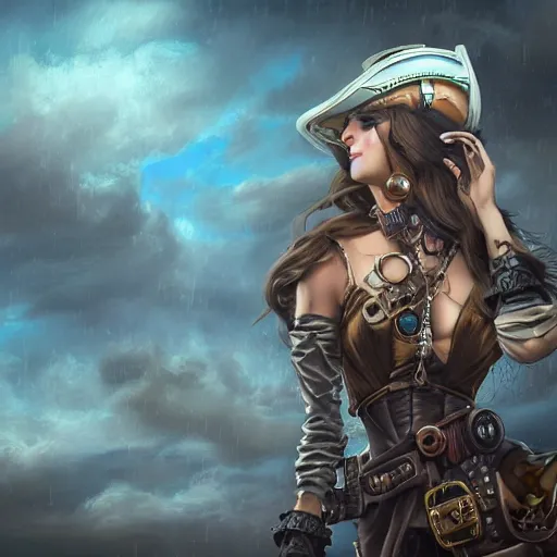 Prompt: beautiful futuristic young woman as a steampunk pirate captain, airship, thunderstorm, diffuse lighting, fantasy, intricate, highly detailed, lifelike, photorealistic, digital painting, artstation, illustration, concept art, smooth, sharp focus