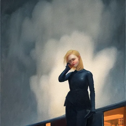 Image similar to Elle Fanning portrait at night in the world of Edward Hopper, stormy weather outside, extremely detailed masterpiece, oil on canvas, low-key neon lighting, artstation, Blade Runner 2049, Roger Deakin’s cinematography, by J. C. Leyendecker and Peter Paul Rubens,