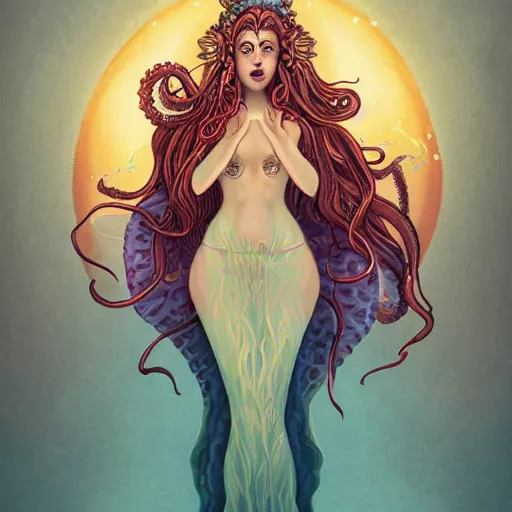 Image similar to Full body photo of the most beautiful goddess, she has a jellyfish-phoenix head's and a siren body, some tentacles are touching her, she flying to heaven through the clouds, she is swimming and leading some chrysaora hysoscella with smoke behid her, by Tooth Wu, trending on Artstation, digital art, symmetrical artwork, cinematic, hyper realism, high detail, octane render, 4k, 8k