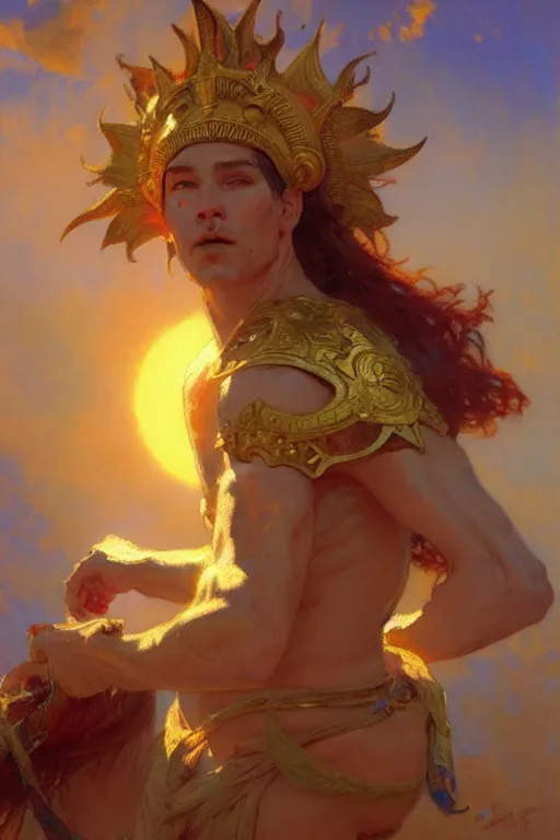 Image similar to god of sun, male character design, painting by gaston bussiere, craig mullins, greg rutkowski, alphonse mucha, trending on artstation