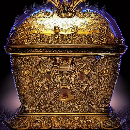 Prompt: Ornate Embellished Casket with Ancient Mummy King rising out Treasure Jewels Coins Dark Fantasy Art HDR