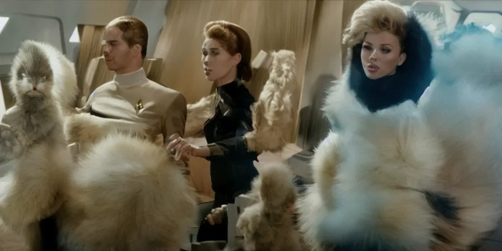 Image similar to Scarlett Johansson and Tribbles in a scene from Star Trek