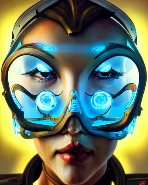 Prompt: mercy from overwatch, see through glass hologram mask, character portrait, portrait, close up, concept art, intricate details, highly detailed, vintage sci - fi poster, retro future, vintage sci - fi art, in the style of chris foss, rodger dean, moebius, michael whelan, and gustave dore