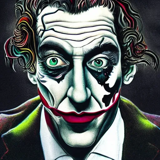 Image similar to an extremely psychedelic portrait of salvador dali as the joker, lsd, face, detailed, intricate, elegant, lithe, highly detailed, digital oth, sharp focus, illustration,