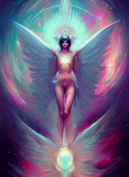 Prompt: symmetry, cancer, highly detailed, high contrast, light reflection, delicate patterns with feather texture, shining angel, shining sword, trippy, nebula, trending on art station by artgem, by peter mohrbacher, by wlop, by ruan jia