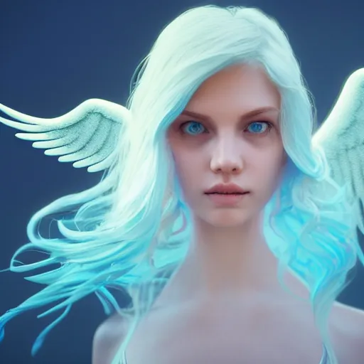 Image similar to beautiful angel, full body, flowing hair, blue eyes, beautiful aesthetic, by james jean, trending on artstation, digital art, cinematic lightning, octane render, ultra high detail