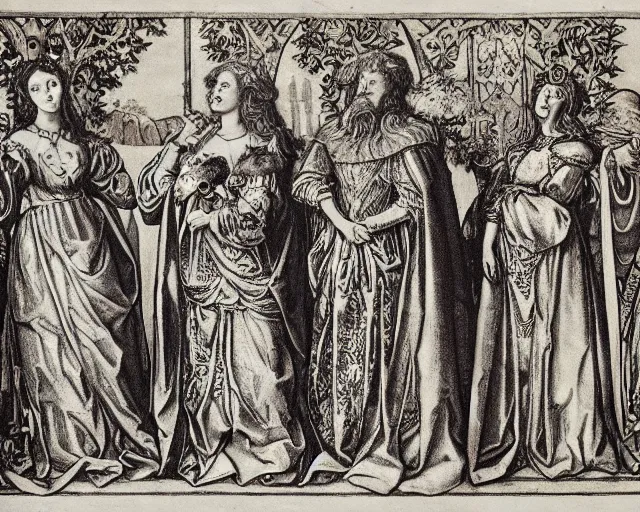 Image similar to lancelot and the four queens by william morris, monochrome,