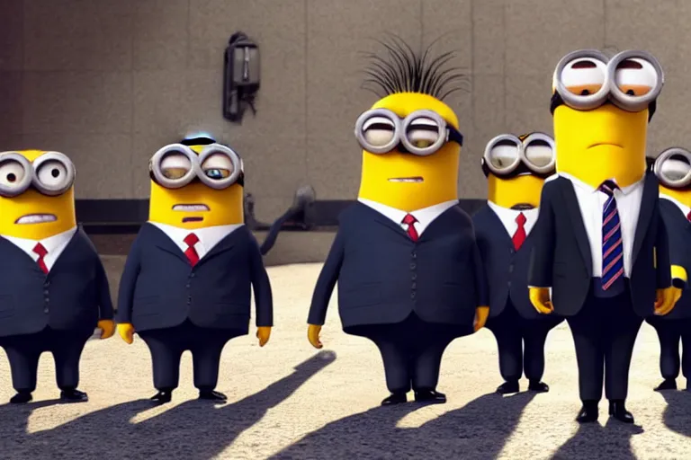 Image similar to donald trump as gru, being followed by minions, movie still