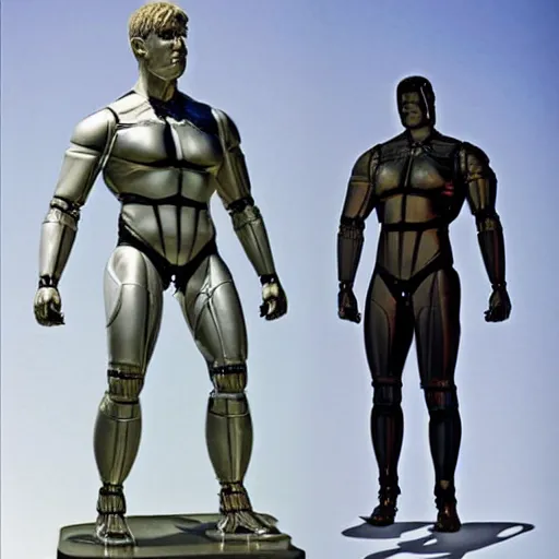 Image similar to a realistic detailed photo of a guy who is an attractive humanoid who is half robot and half humanoid, who is a male android, wrestler jack swagger, shiny skin, posing like a statue, blank stare, by the pool, on display, showing off his muscles, humanoid robot, frozen ice statue