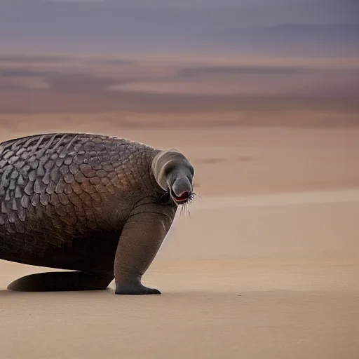 Image similar to a Walrus with the armor of a pangolin, national geographic photograph