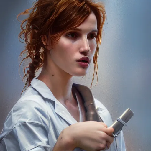 Image similar to full figure bella thorne as a nurse, hyperrealistic portrait, bladerunner street, art of elysium by jeremy mann and alphonse mucha, fantasy art, photo realistic, dynamic lighting, artstation, poster, volumetric lighting, very detailed face, 4 k, award winning