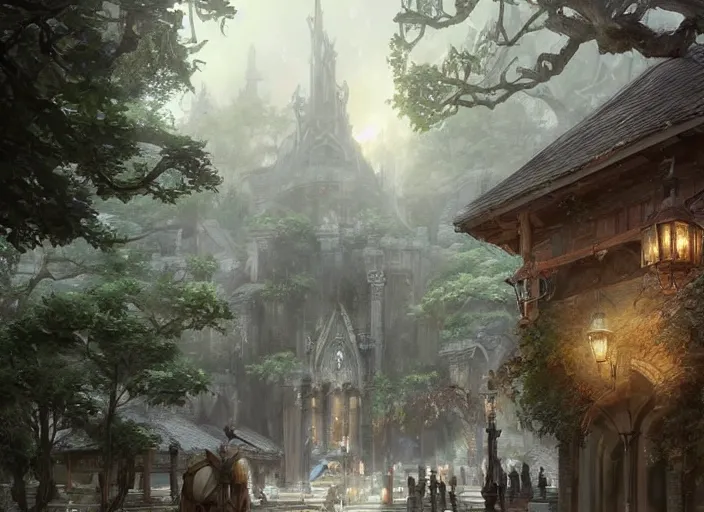 Prompt: A tavern inside a beautiful elven city made of white marble, anime, lush trees, fountain, a fantasy digital painting by Greg Rutkowski and James Gurney, trending on Artstation, highly detailed