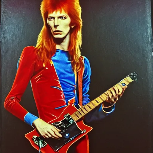 Image similar to Pre-Raphaelite portrait of 1970s David Bowie, ziggy stardust playing flying V guitar, single lighning strike in background. Flash Gorden