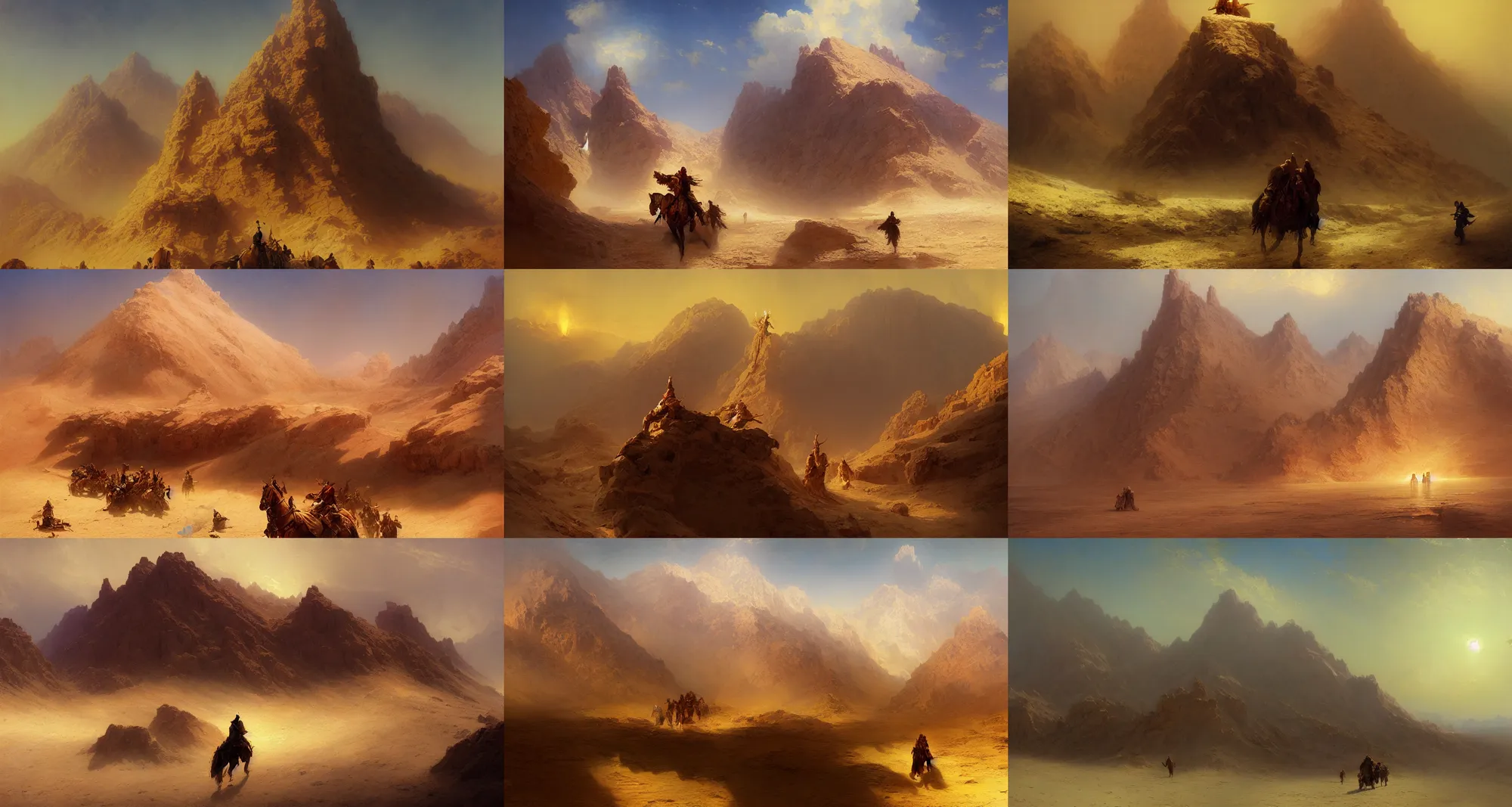 Prompt: golden mountain in the desert, art by joseph leyendecker, ivan aivazovsky, ruan jia, reza afshar, marc simonetti