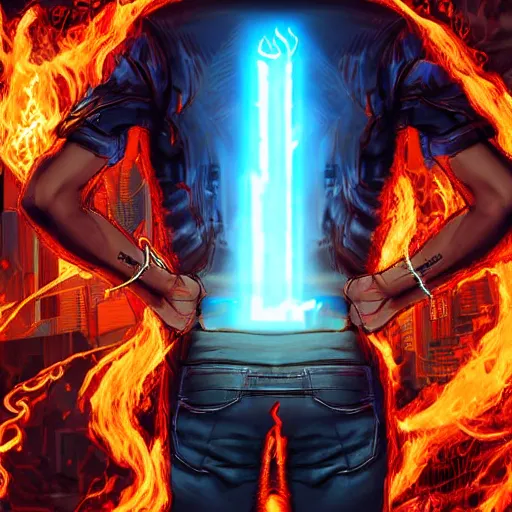 Image similar to young man from behind with flames coming out of hands flying in a cyberpunk city, very detailed, realistic, symmetrical face, art by digital painting,