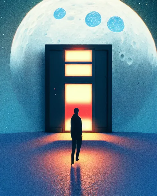 Image similar to a common person standing in front of a glowing open door that's on the moon, poster art by mike winkelmann, trending on cg society, space art, sci - fi, ue 5, futuristic, volumetric lighting