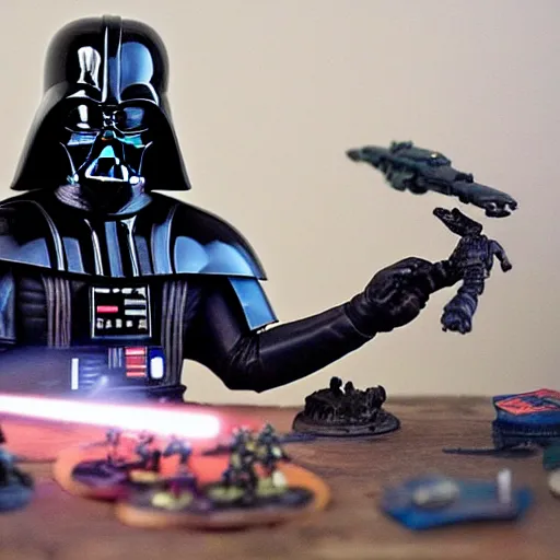 Prompt: Darth Vader collects miniature battles of Warhammer 40,000 space marine figurines on his desktop at a table with a bright lamp, realism, depth of field, focus on Darth Vader,