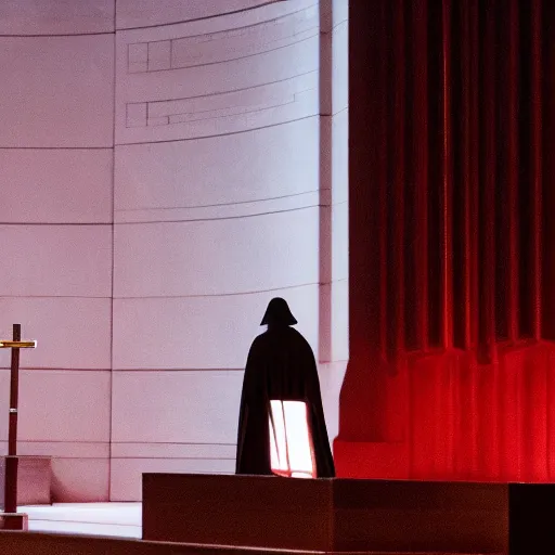 Image similar to emperor palpatine preaching to people at church, 8k cinematic lighting, very sharp detail, anatomically correct