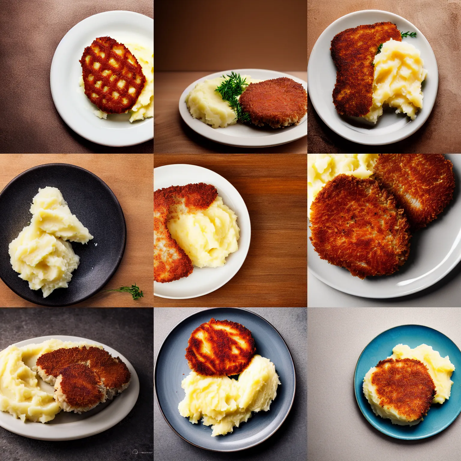 Prompt: mashed potatos and cutlet on a plate, studio light, cinematic, bokeh, hyperrealistic photo, 8k, feel of depth