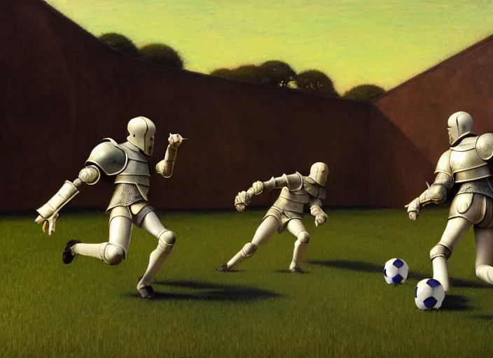 Image similar to knights in armor playing soccer ball - scull, rome, highly detailed, soft lighting, elegant, works by edward hopper, james gillard, zdislaw beksinski, stephen outram, andreas m wiese, highly detailed art by takato yamamoto, masterpiece. rendered in blender, ultra realistic, smooth shading, ultra detailed, high resolution, cinematic, unreal 6