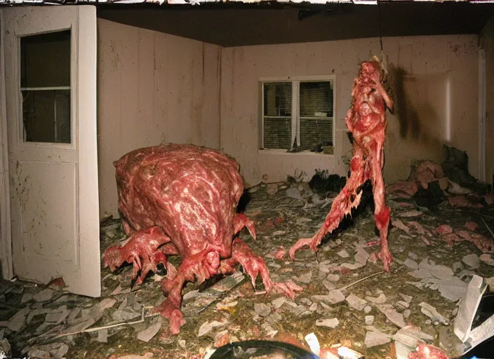 Prompt: 1 9 9 3, disposable camera, flash, pov, old abandoned house, male : creature, standing, meat, ooze, slime, veins, wet